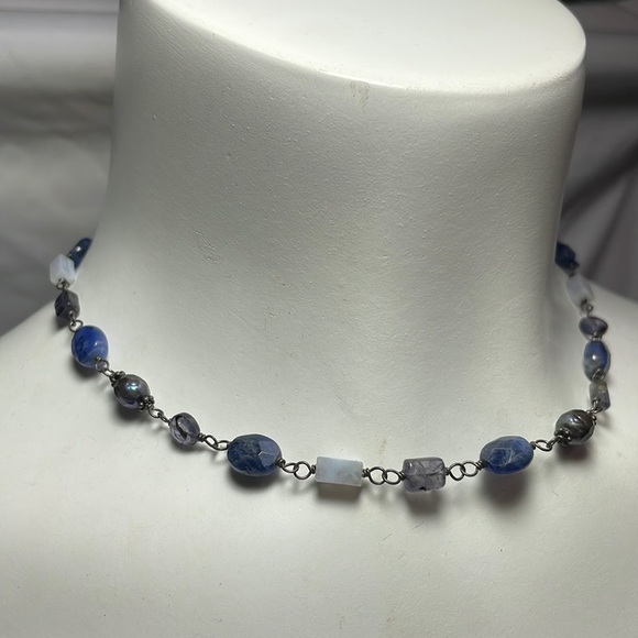 Vintage 925 Sodalite Labradorite Milky Quartz Amethyst & Pearl Choker Necklace - Picture 3 of 5